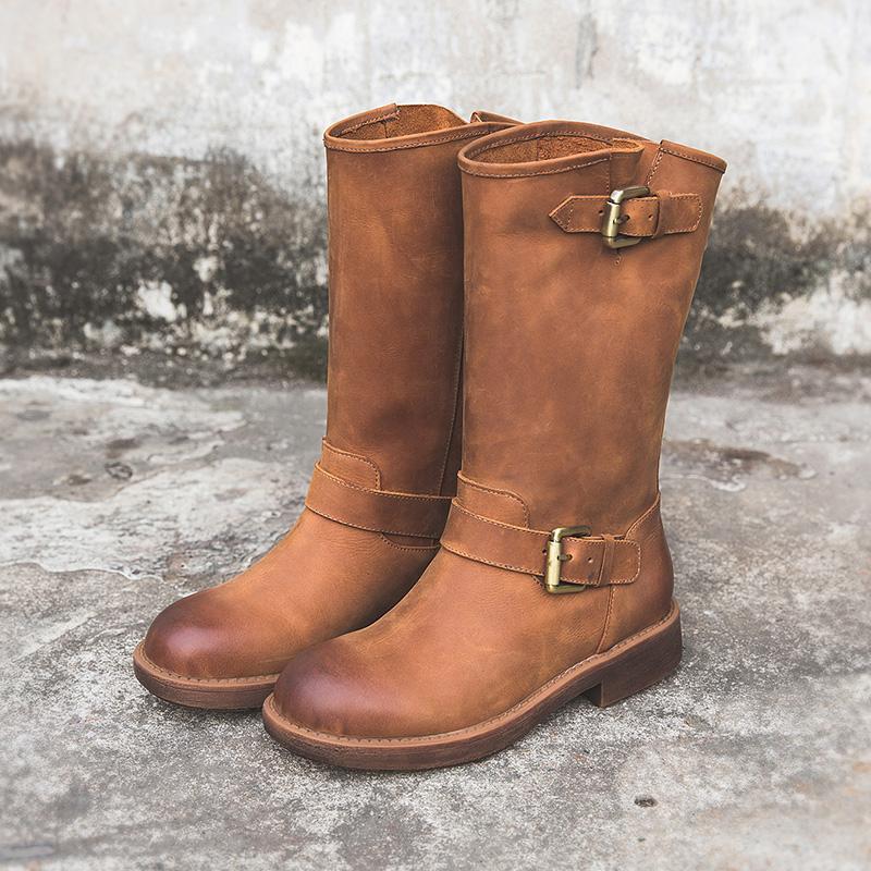 Women's Mid-Calf Leather Boots Buckle Strap Round Toe Block Heel Riding Boots