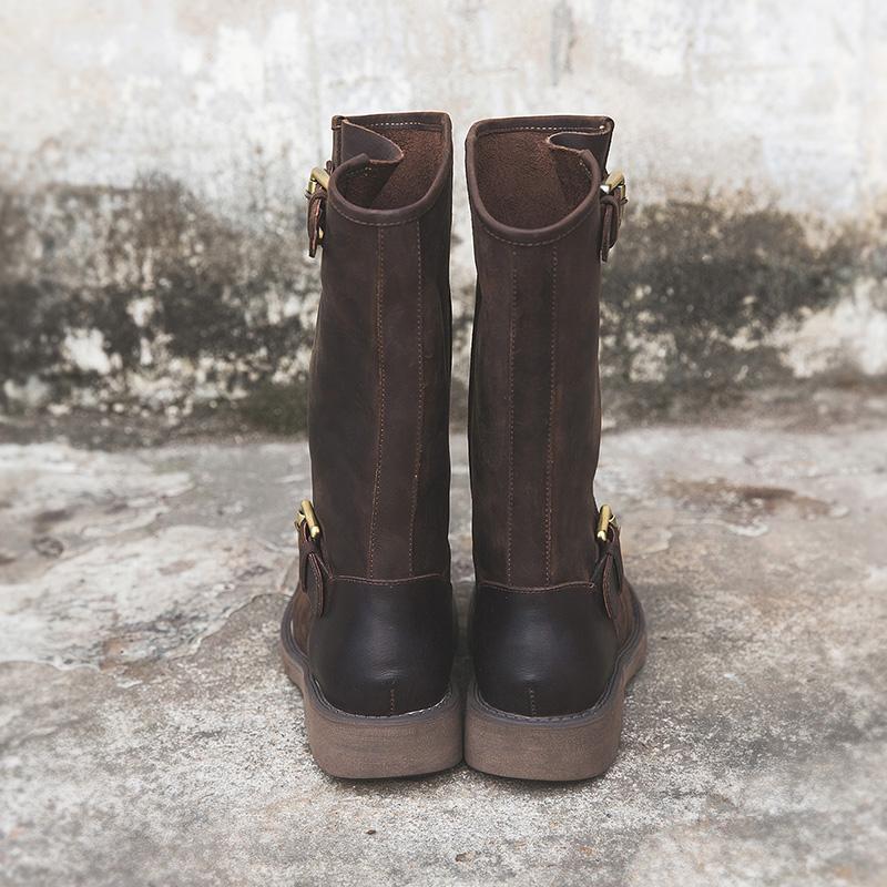 Women's Mid-Calf Leather Boots Buckle Strap Round Toe Block Heel Riding Boots