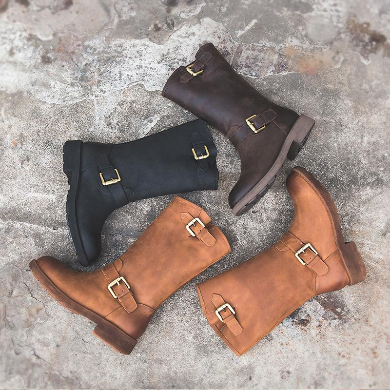 Women's Mid-Calf Leather Boots Buckle Strap Round Toe Block Heel Riding Boots