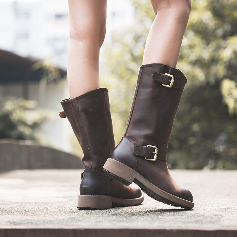 Women's Mid-Calf Leather Boots Buckle Strap Round Toe Block Heel Riding Boots