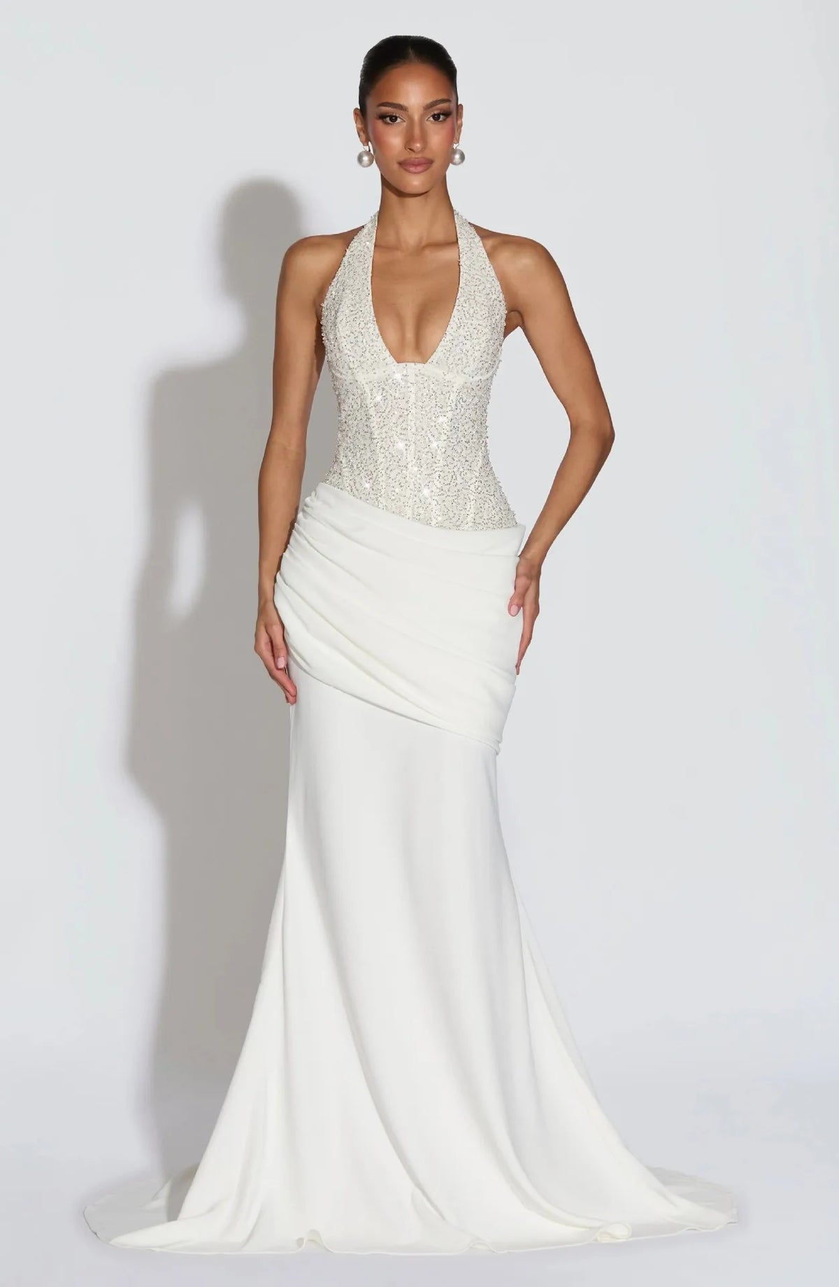 Women's Halter Neck Wedding Guest Maxi Dress Sequin Bodice Backless Bridal Gown
