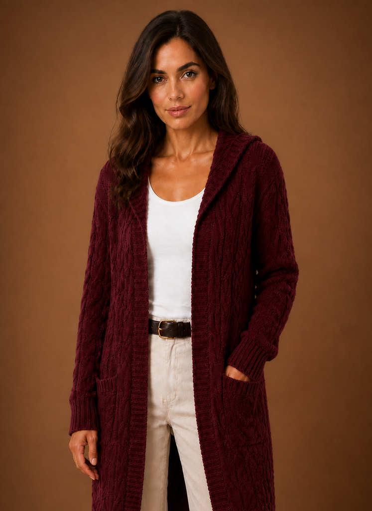 Women's Cable Knit Cardigan Hooded Long Sleeve Open Front Green Sweater