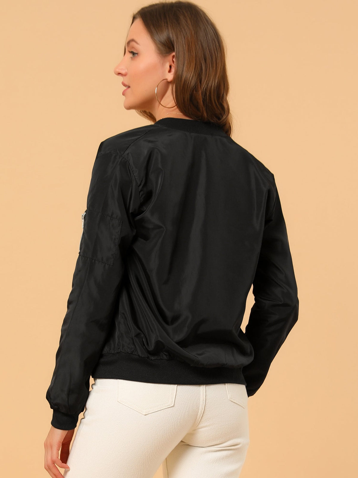 Women's Bomber Jacket Zip Up Stand Collar Long Sleeve Ribbed Cuff Casual Outerwear