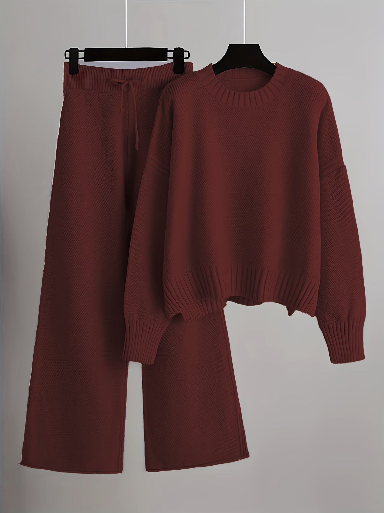 Women's Knit Sweater and Wide-Leg Pants Set Round Neck Long Sleeve Drawstring Casual