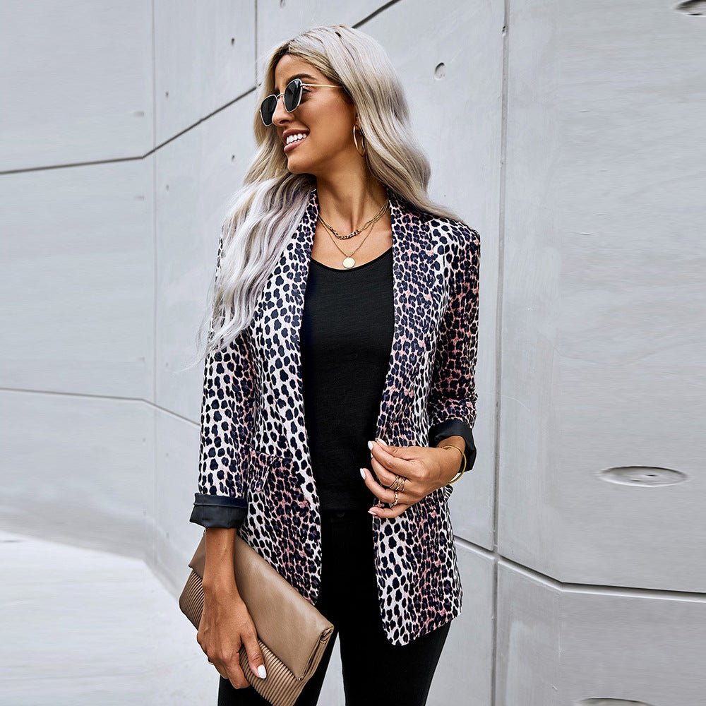 Women's Leopard Print Blazer Open Front Long Sleeve Loose Fit Casual Autumn