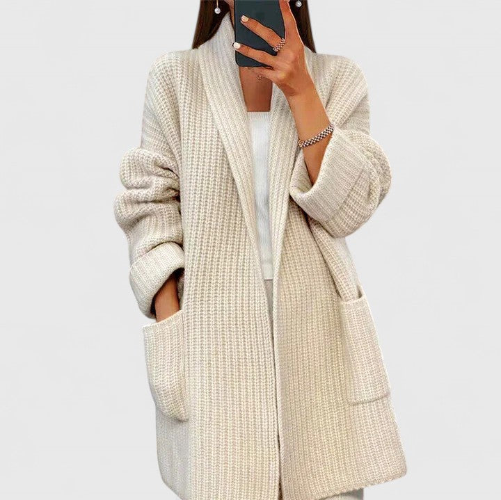 Women's Chunky Knit Cardigan Shawl Collar Open Front Pockets Oversized