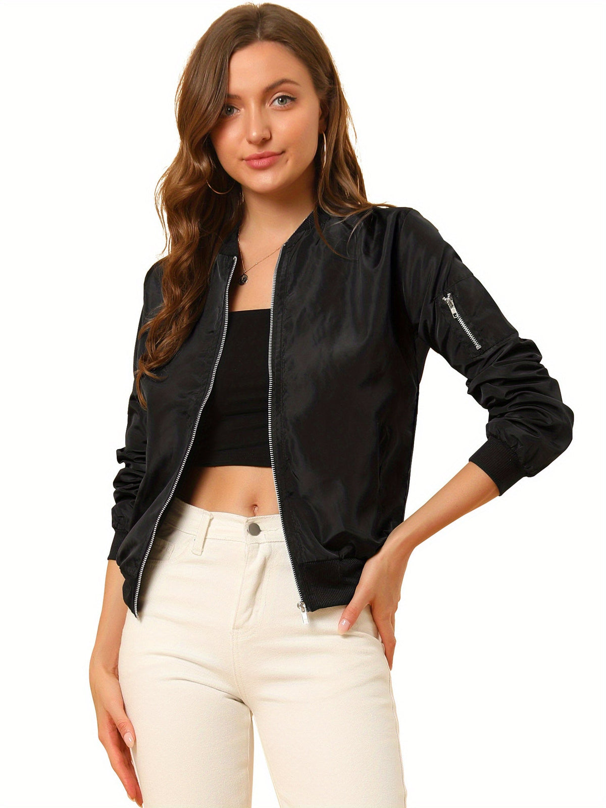 Women's Bomber Jacket Zip Up Stand Collar Long Sleeve Ribbed Cuff Casual Outerwear