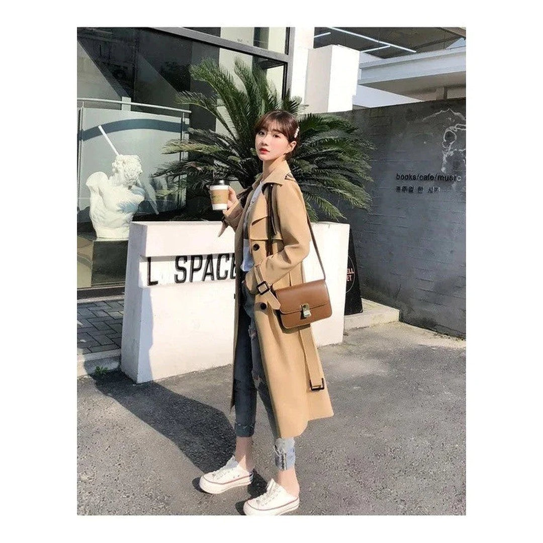 Women's Double-Breasted Trench Coat Belted Long Sleeve Lapel Winter Coat