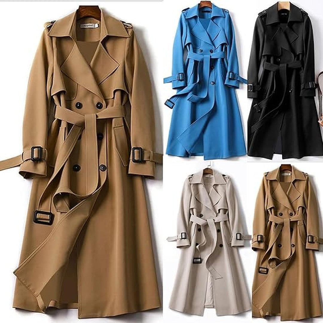 Women's Double-Breasted Trench Coat Belted Long Sleeve Lapel Winter Coat