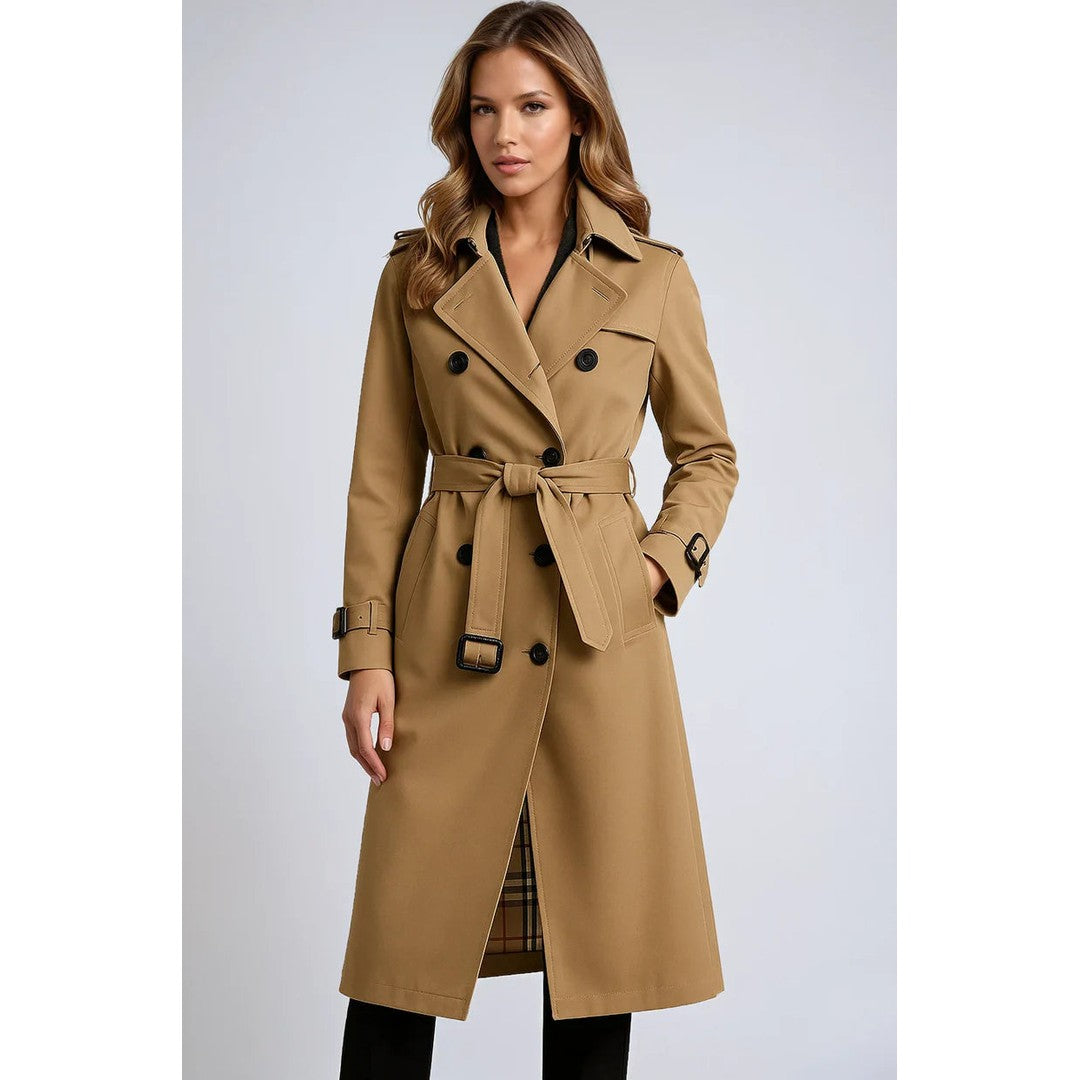 Women's Double-Breasted Trench Coat Belted Long Sleeve Lapel Winter Coat
