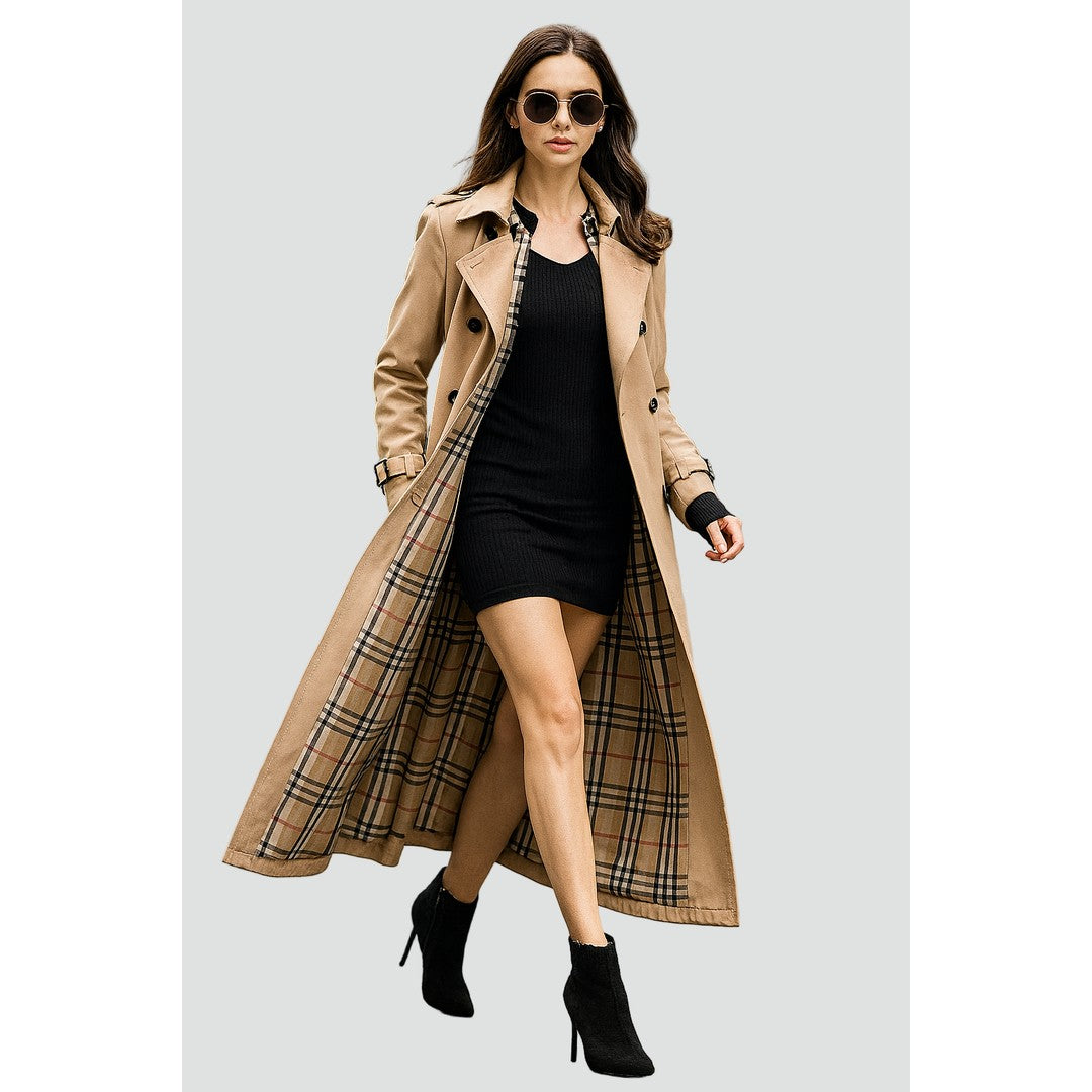 Women's Double-Breasted Trench Coat Belted Long Sleeve Lapel Winter Coat