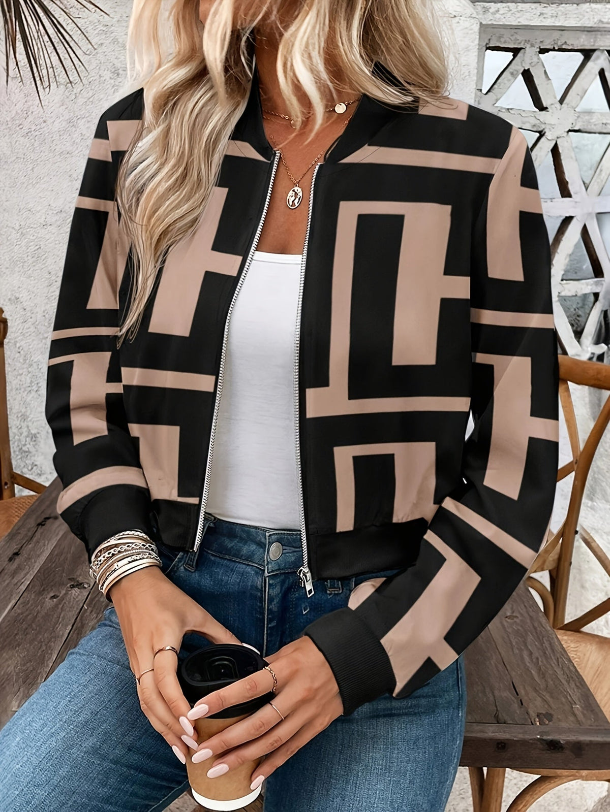Women's Bomber Jacket Geometric Print Zip-Up Long Sleeve Ribbed Cuff Casual Wear