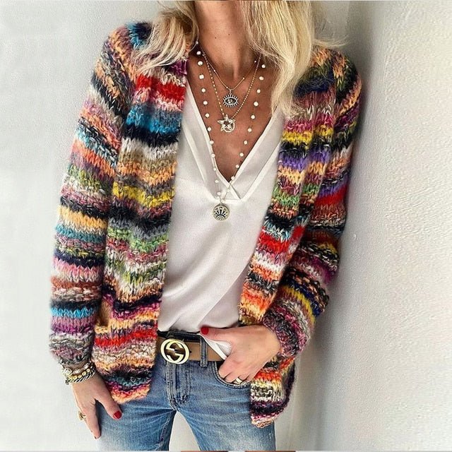Women's Multicolor Striped Knit Cardigan Open Front Long Sleeve Casual Sweater