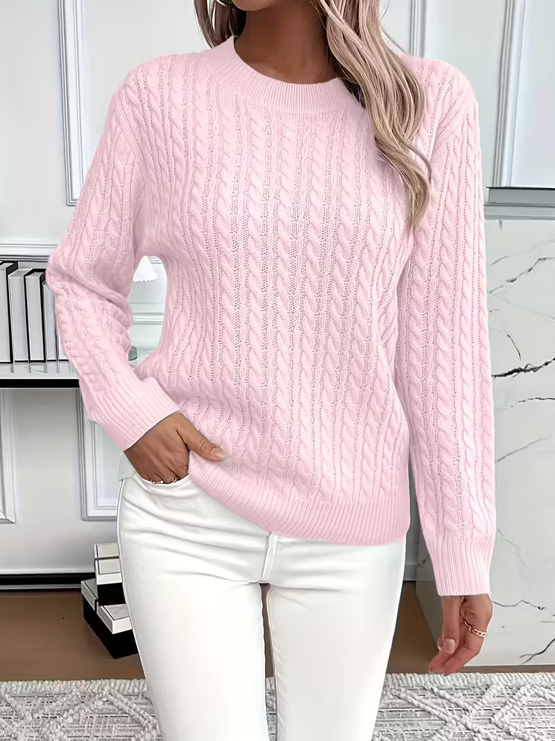 Women's Cable Knit Sweater Crew Neck Long Sleeve Pullover Casual