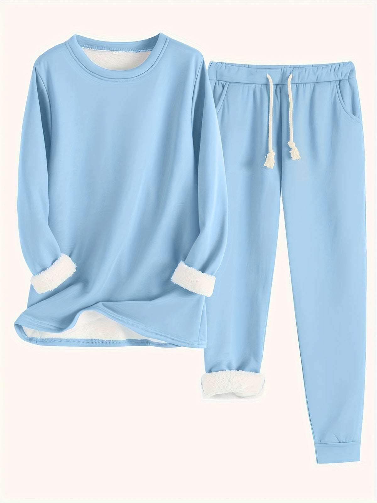 Women's Fleece-Lined Base Layer Set Round Neck Long Sleeve Top Drawstring Joggers Casual