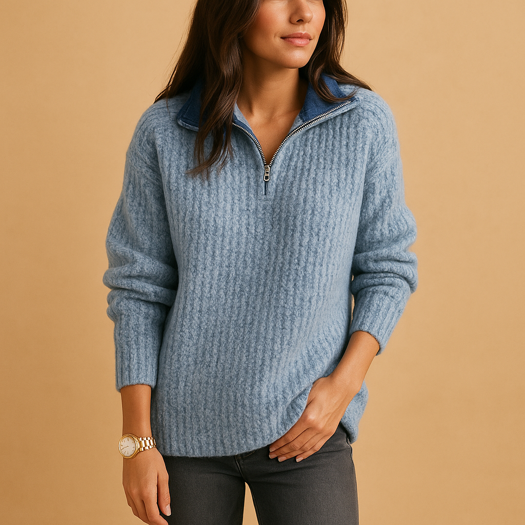 Women's Half Zip Sweater Ribbed Knit Collared Long Sleeve Pullover