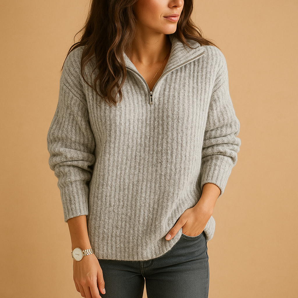 Women's Half Zip Sweater Ribbed Knit Collared Long Sleeve Pullover