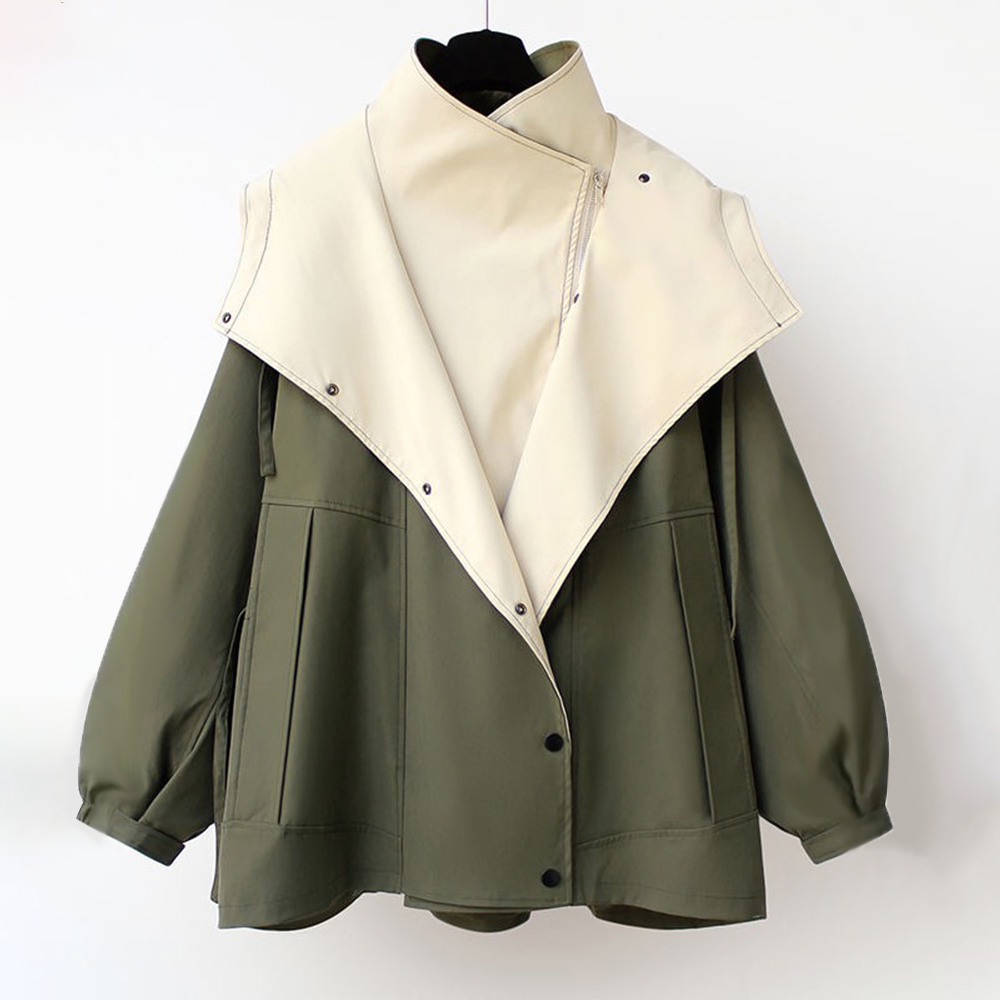 Women's Hooded Trench Coat Colorblock Drawstring Waist Zip Button Casual Jacket