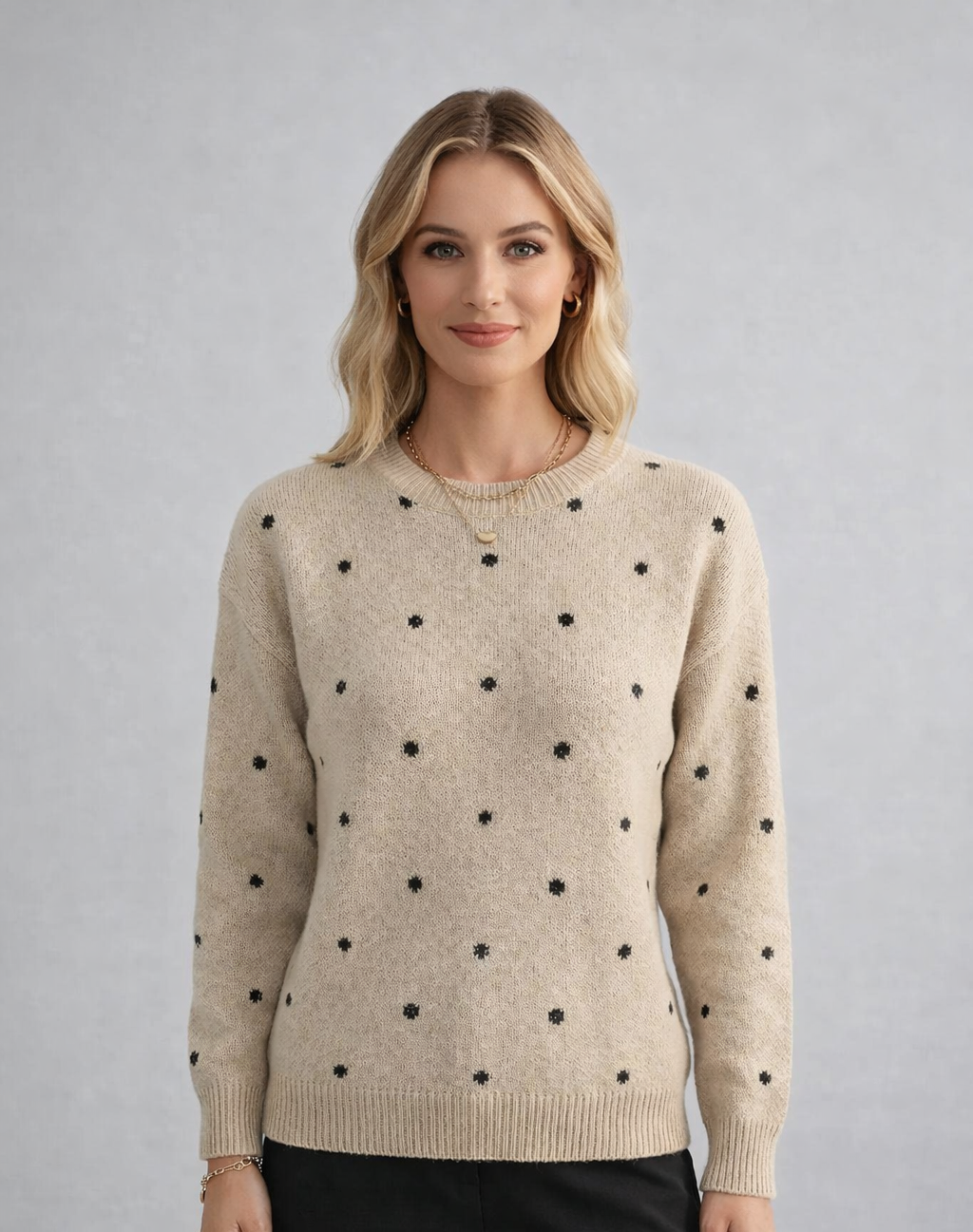 Women's Relaxed Fit Polka Dot Sweater Crewneck Long Sleeve Knit