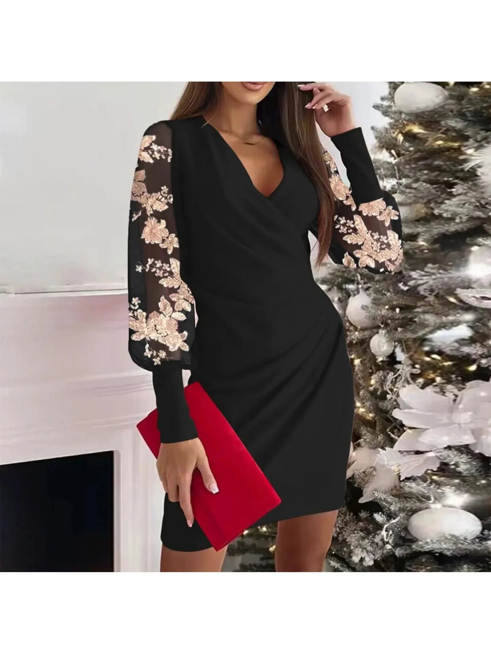 Women's Wrap Dress V-Neck Long Sheer Mesh Sleeve Ruched Bodycon Cocktail Party