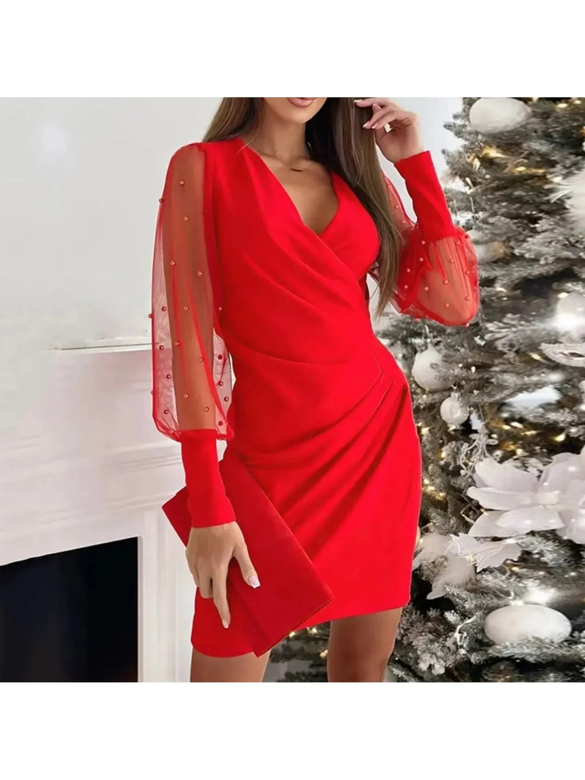 Women's Wrap Dress V-Neck Long Sheer Mesh Sleeve Ruched Bodycon Cocktail Party