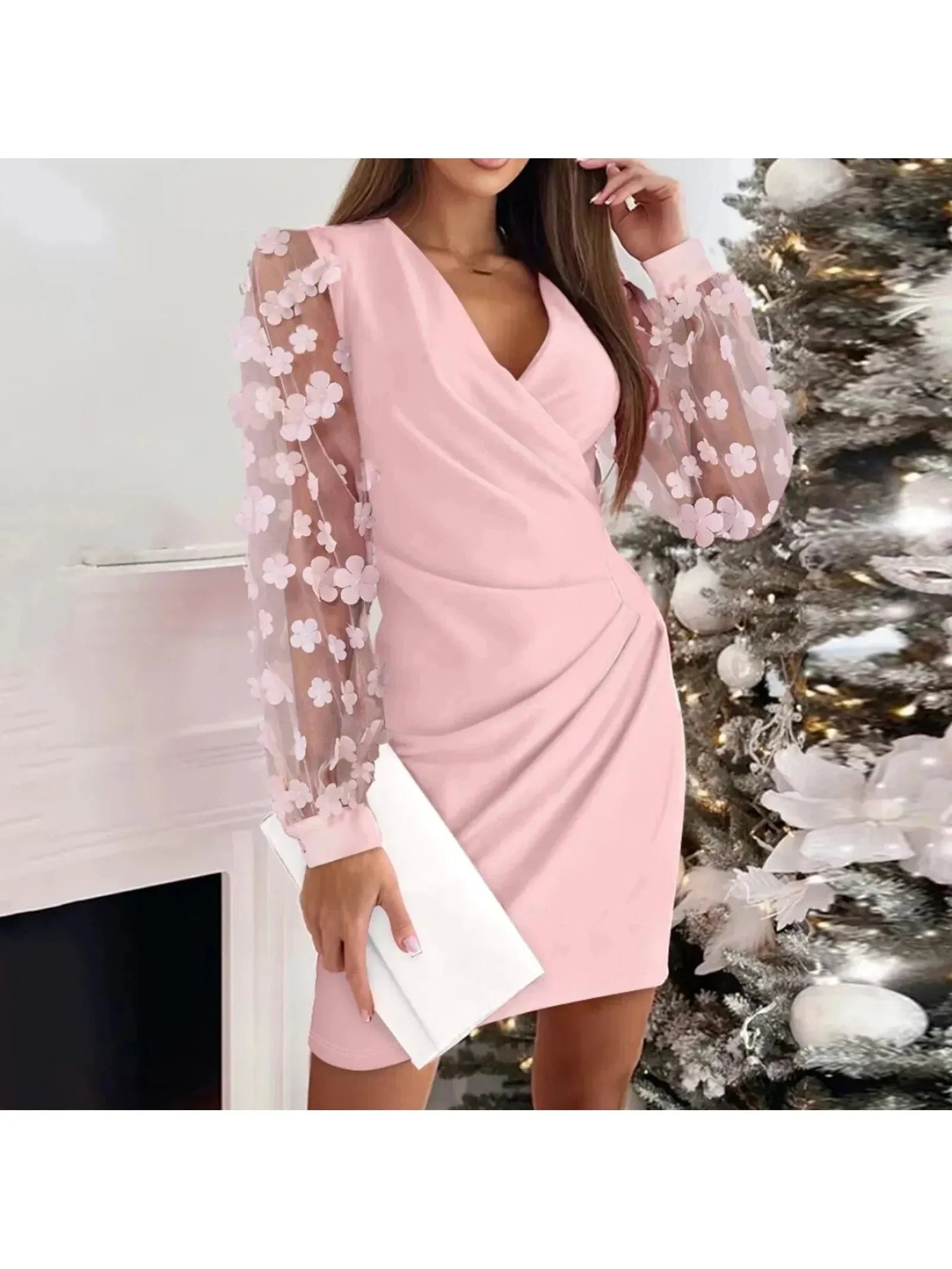 Women's Wrap Dress V-Neck Long Sheer Mesh Sleeve Ruched Bodycon Cocktail Party