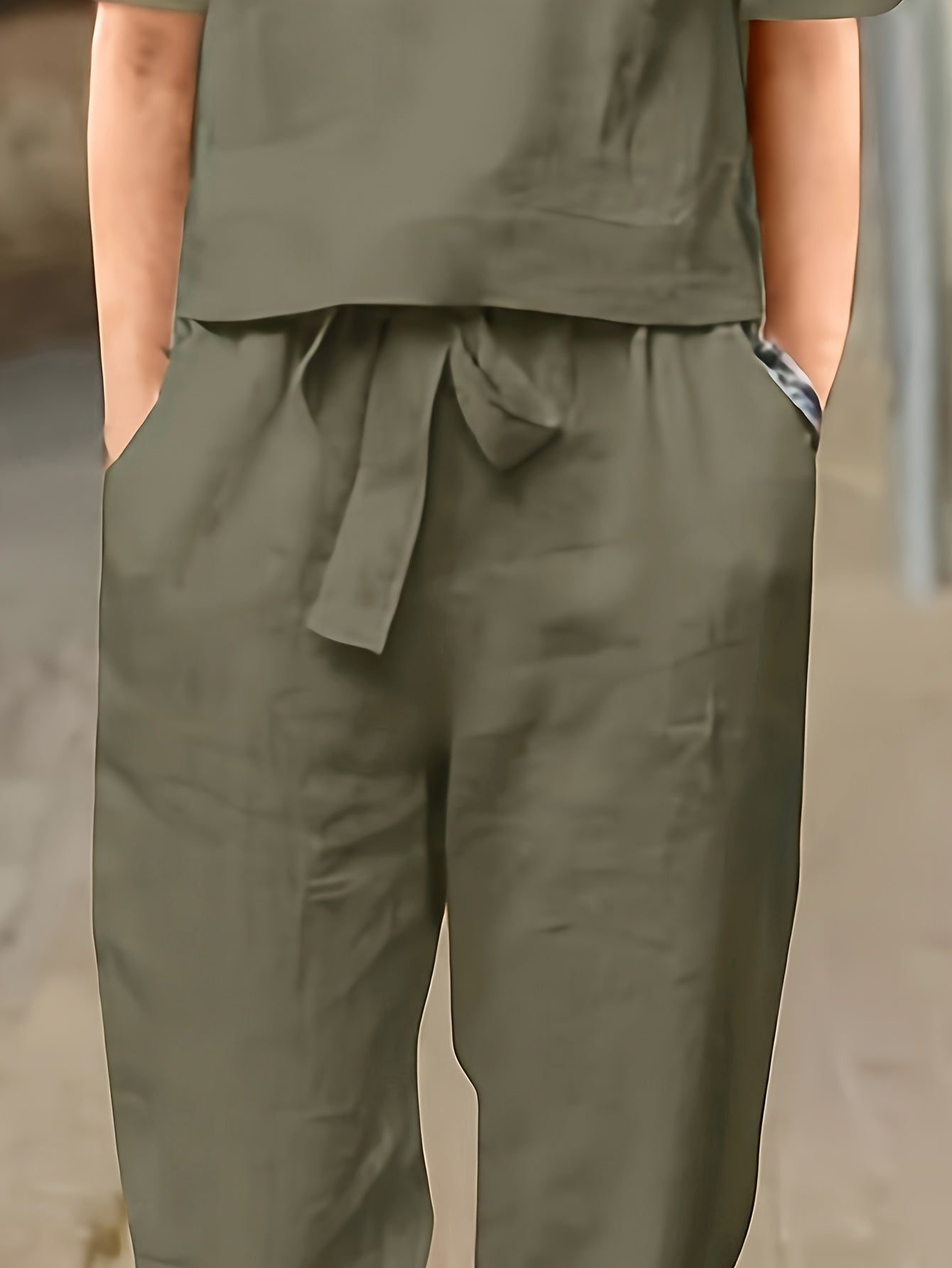 Women's 2-Piece Set Round Neck Short Sleeve Top Tie Waist Wide Leg Pants Casual