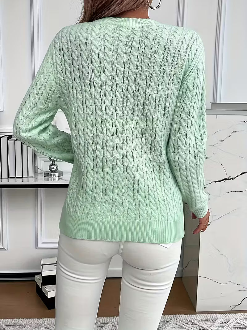 Women's Cable Knit Sweater Crew Neck Long Sleeve Pullover Casual