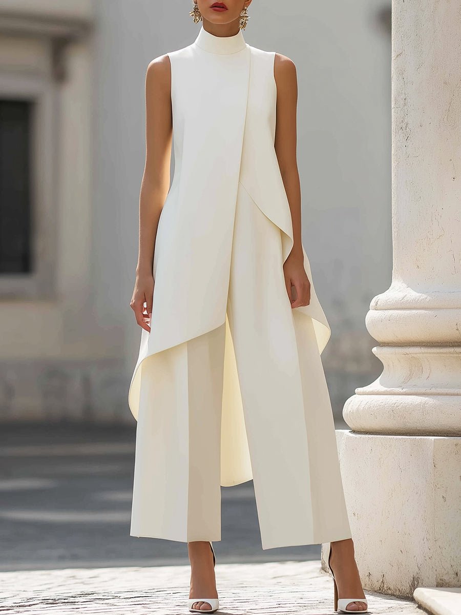 Women's 2 Piece Set Asymmetric High Neck Sleeveless Wide Leg Pants Outfit