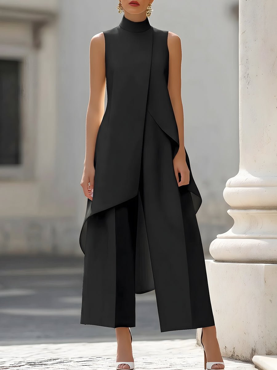 Women's 2 Piece Set Asymmetric High Neck Sleeveless Wide Leg Pants Outfit