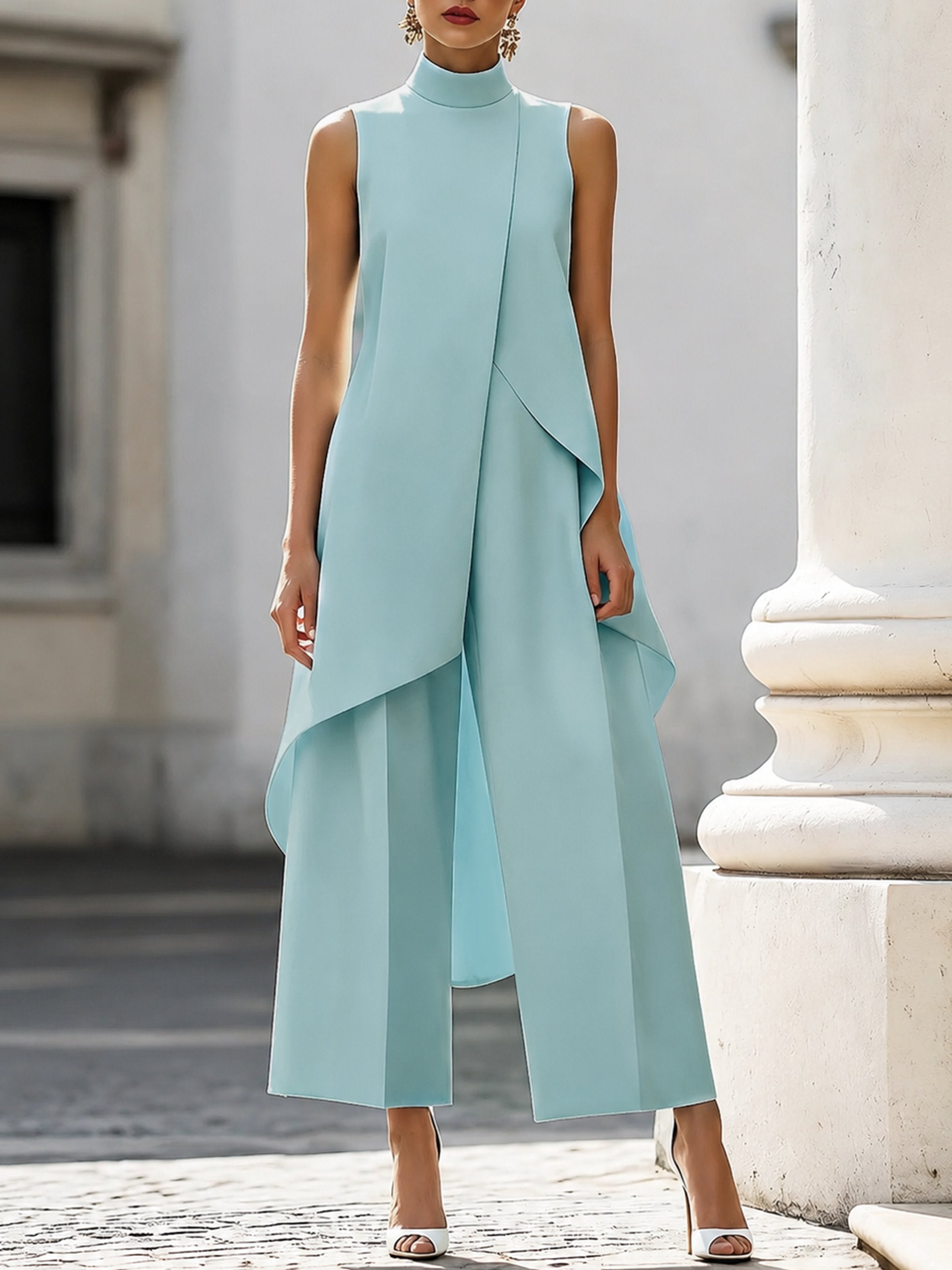 Women's 2 Piece Set Asymmetric High Neck Sleeveless Wide Leg Pants Outfit
