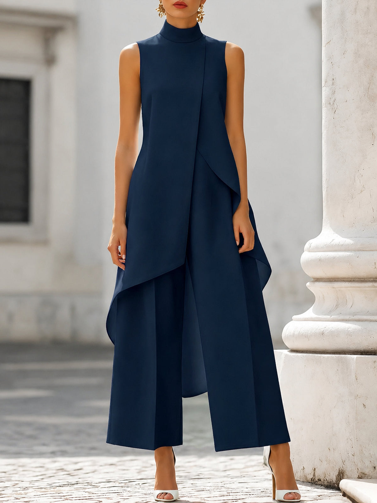 Women's 2 Piece Set Asymmetric High Neck Sleeveless Wide Leg Pants Outfit