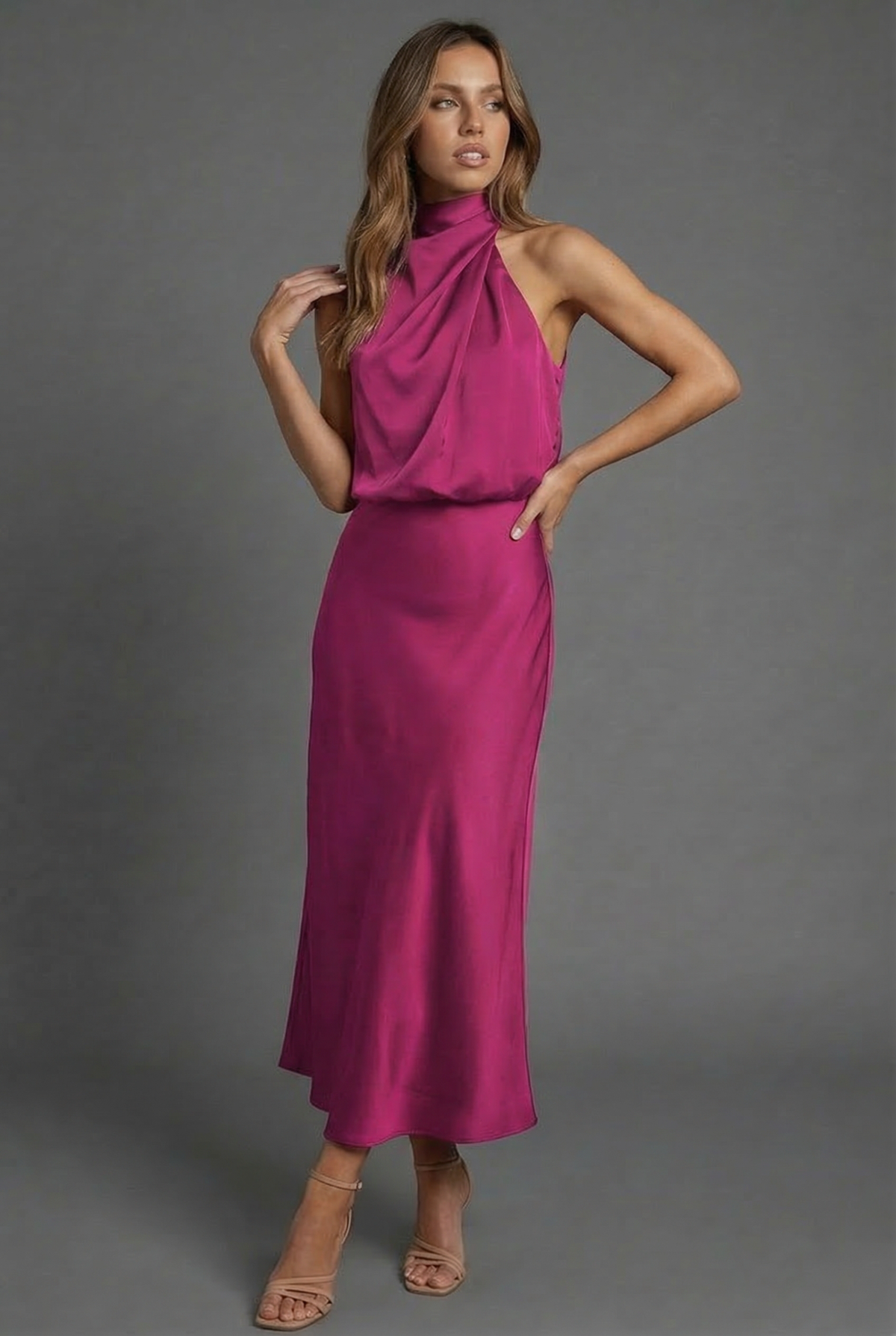 Women's Midi Dress Halterneck Satin Style Wedding Guest
