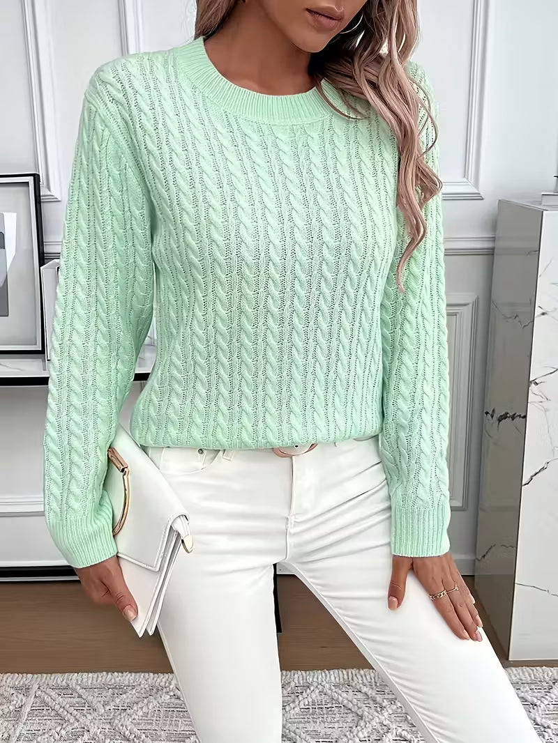 Women's Cable Knit Sweater Crew Neck Long Sleeve Pullover Casual