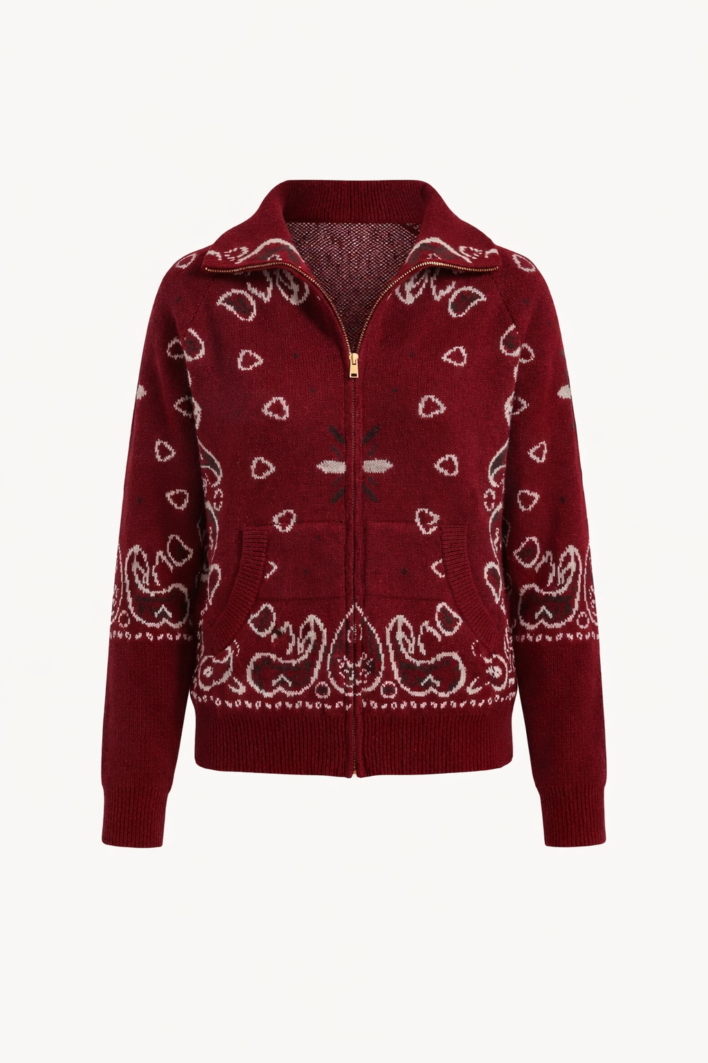 Women's Paisley Zip Up Cardigan High Collar Long Sleeve Everyday Layering
