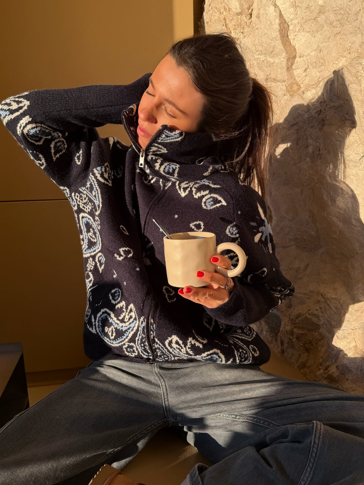 Women's Paisley Zip Up Cardigan High Collar Long Sleeve Everyday Layering