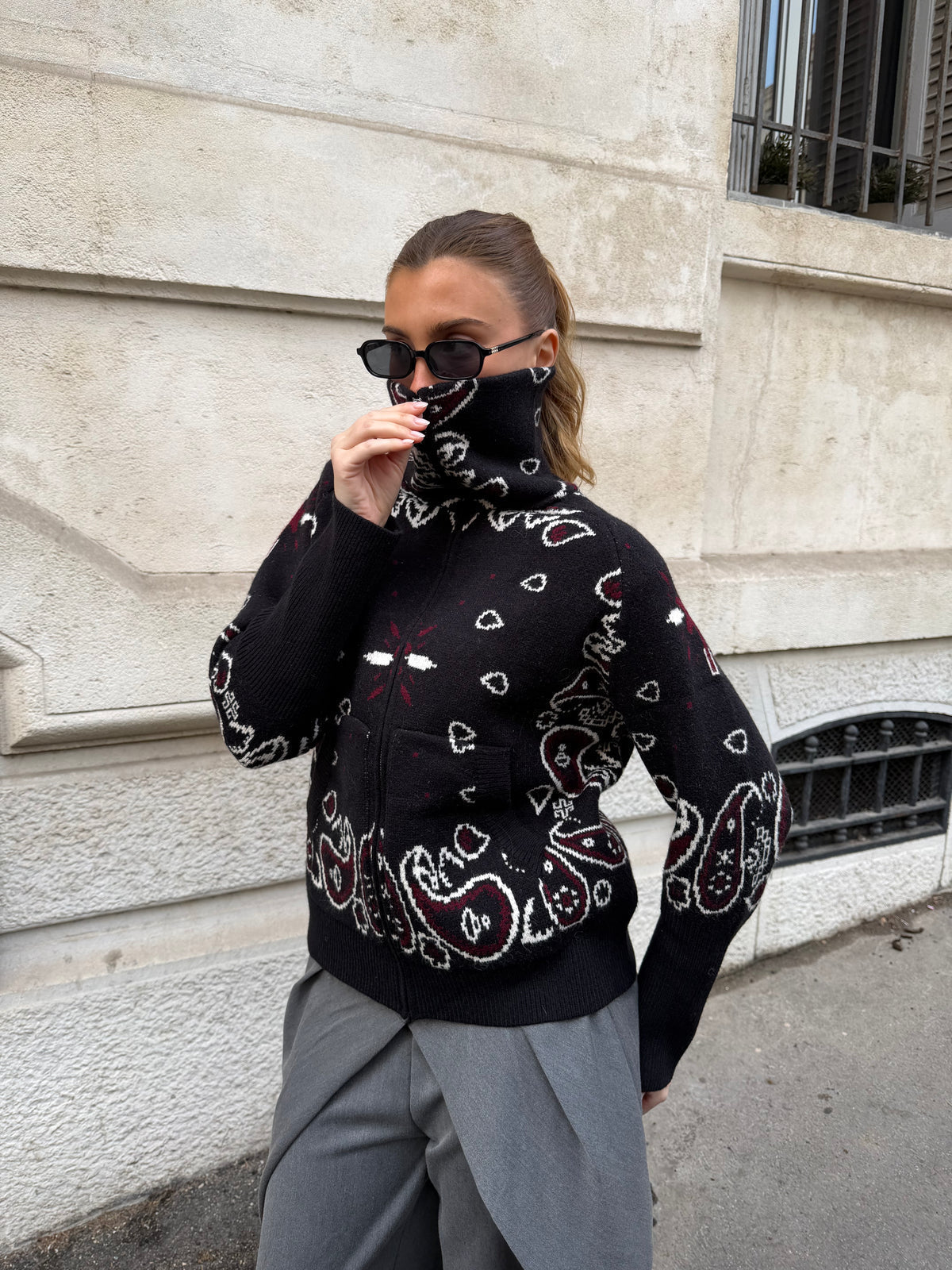 Women's Paisley Zip Up Cardigan High Collar Long Sleeve Everyday Layering