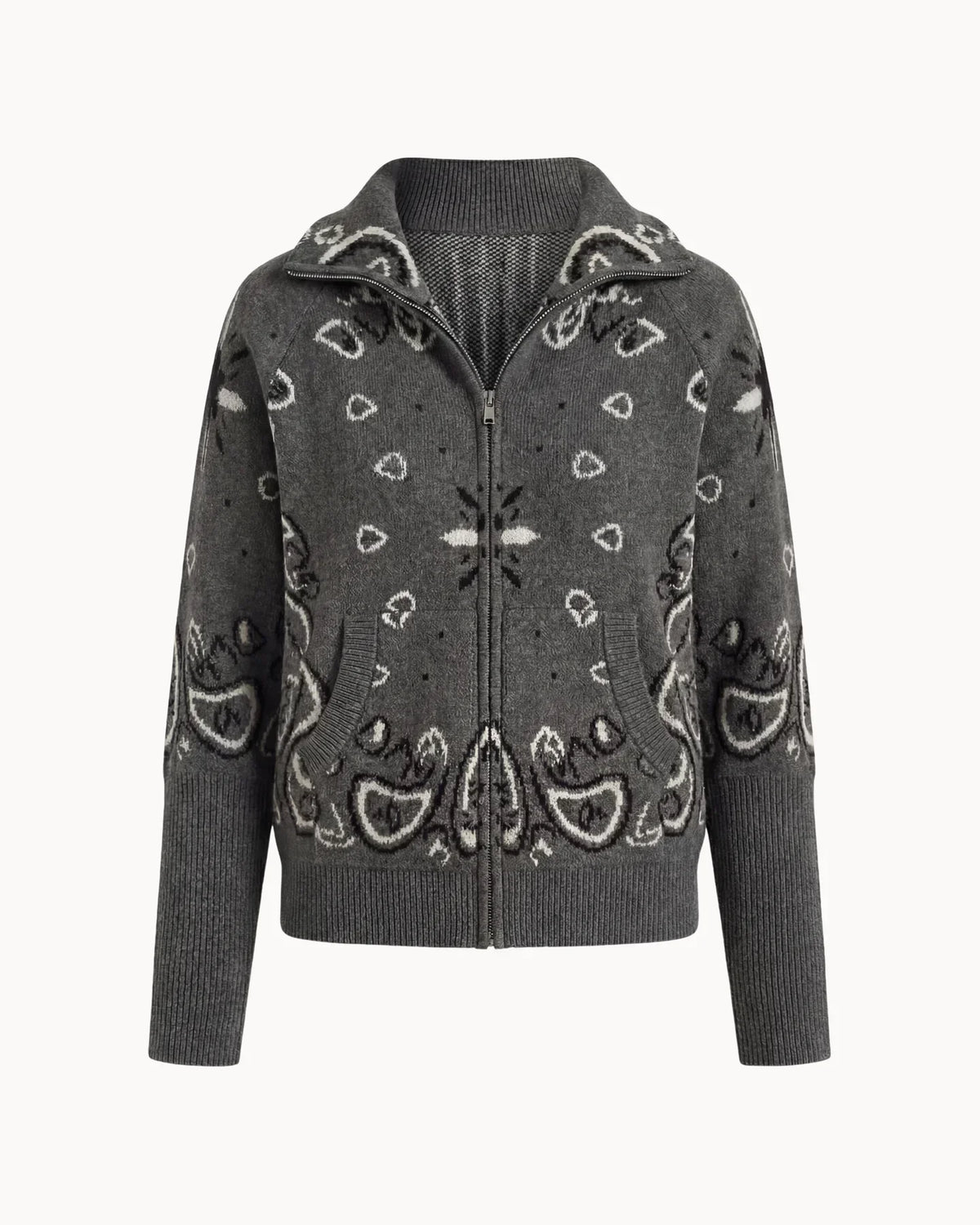 Women's Paisley Zip Up Cardigan High Collar Long Sleeve Everyday Layering