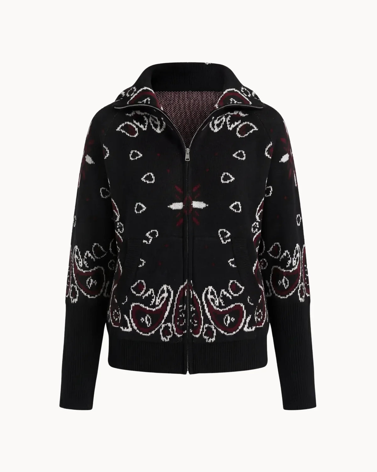 Women's Paisley Zip Up Cardigan High Collar Long Sleeve Everyday Layering