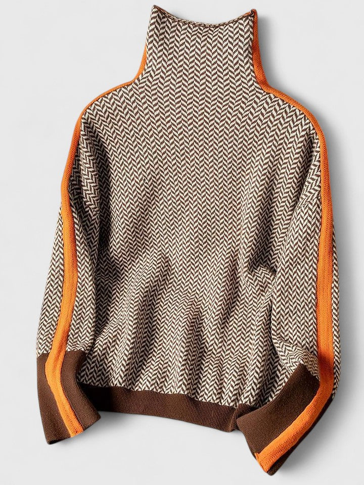 Women's Turtleneck Herringbone Sweater Colorblock Long Sleeve Knit Winter Pullover