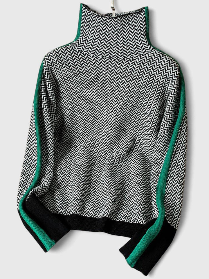 Women's Turtleneck Herringbone Sweater Colorblock Long Sleeve Knit Winter Pullover