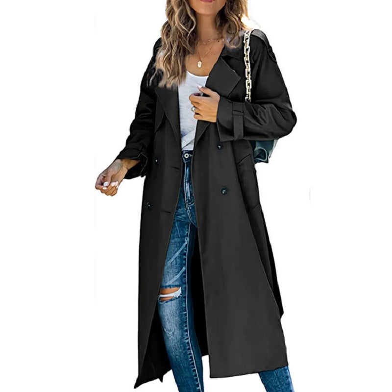 Women's Long Trench Coat Double Breasted Lapel Belted Casual Overcoat