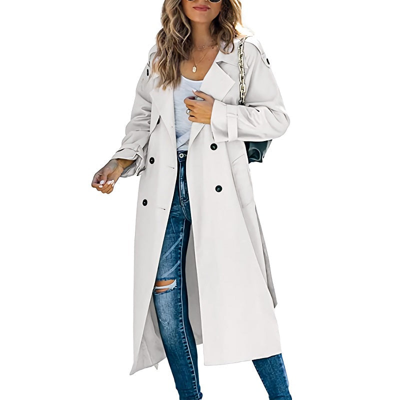 Women's Long Trench Coat Double Breasted Lapel Belted Casual Overcoat