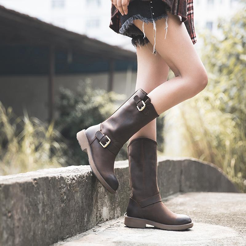 Women's Mid-Calf Leather Boots Buckle Strap Round Toe Block Heel Riding Boots