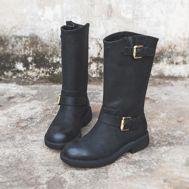 Women's Mid-Calf Leather Boots Buckle Strap Round Toe Block Heel Riding Boots