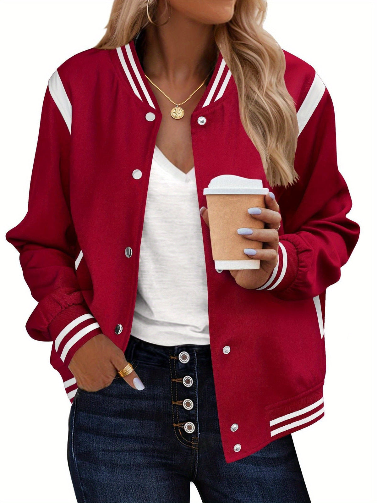 Women's Bomber Jacket Contrast Stripe Varsity Stand Collar Snap Button Casual Wear
