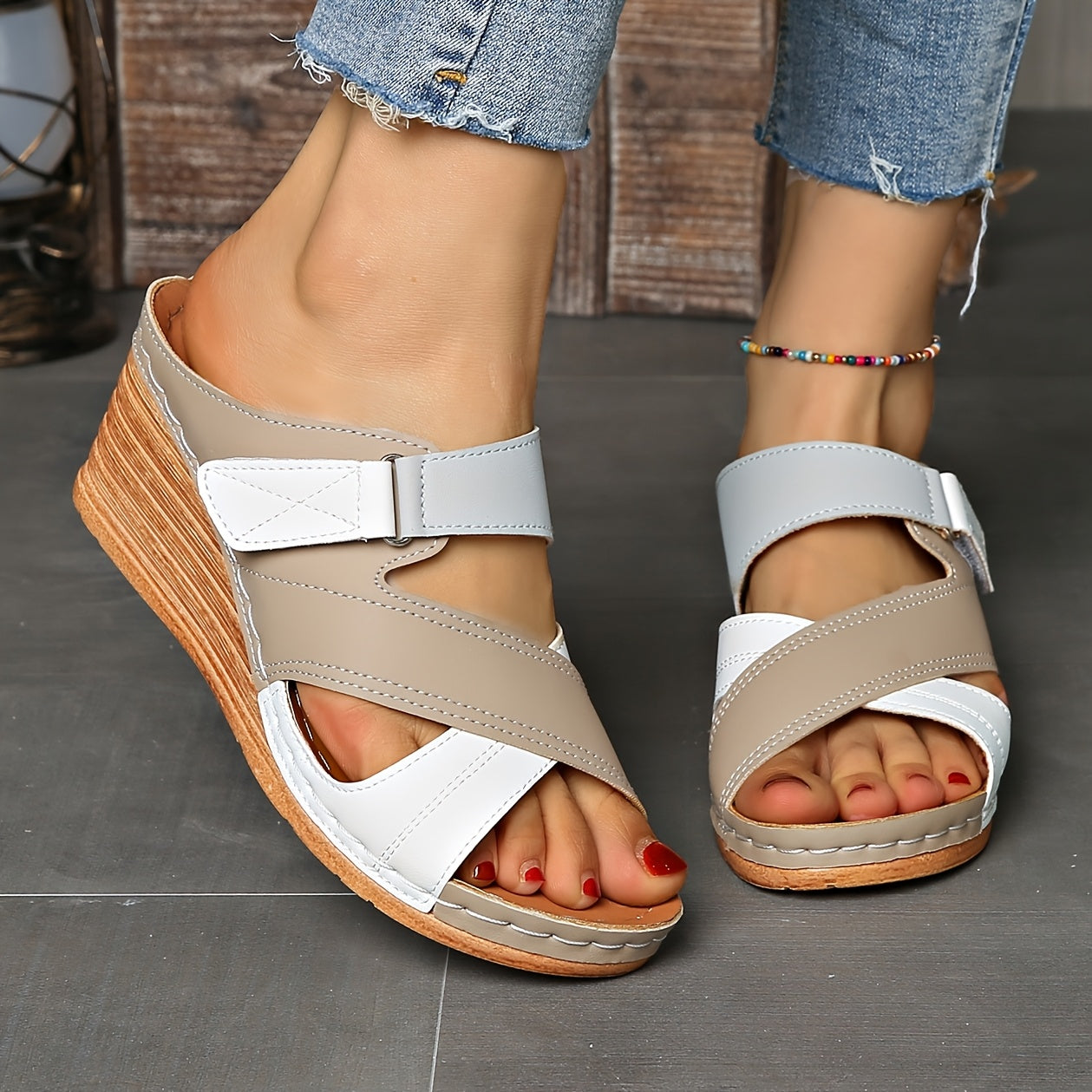 Women's Wedge Slides Two-Tone Cross Strap Open Toe Summer Sandals