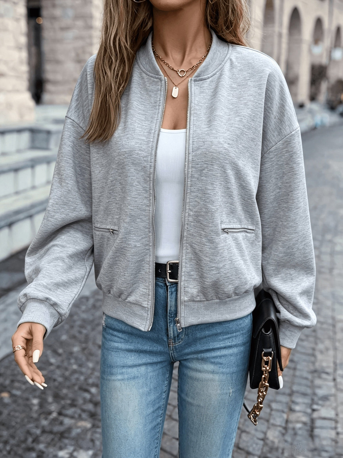 Women's Bomber Jacket Solid Black Zip-Up Stand Collar Long Sleeve Pocket Casual Outerwear