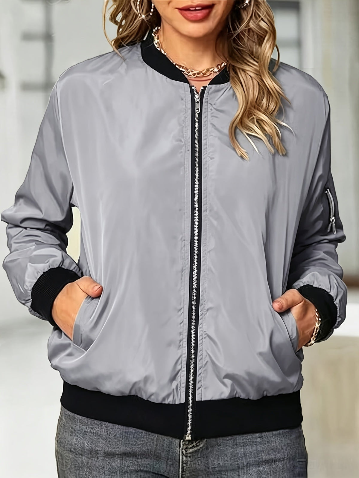 Women's Bomber Jacket Zip Up Ribbed Collar Long Sleeve Sleeve Pocket Casual Everyday