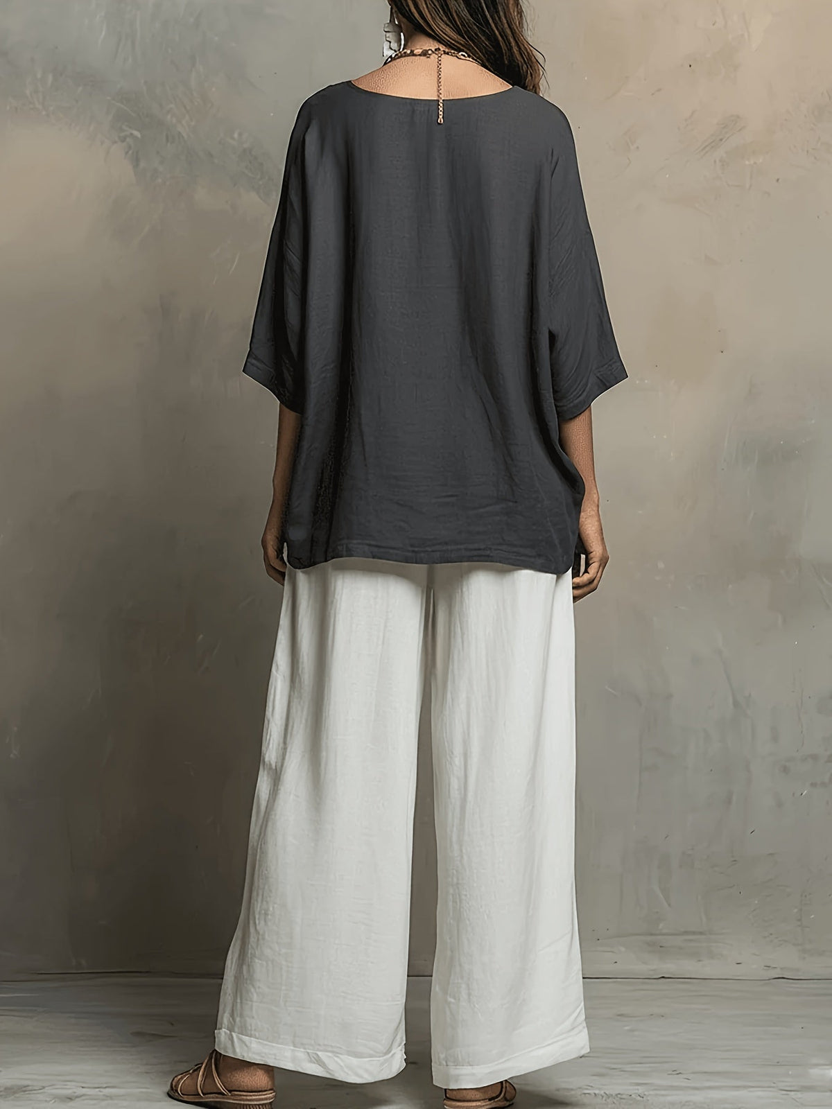 Women's 2pc Set Round Neck 3/4 Sleeve Loose Top High-Waist Wide-Leg Pants Casual Vacation